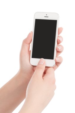 Beyaz modern akıllı telefon ve presleme Filler'daki tutan eller