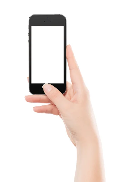 Directly front view of a modern black mobile smart phone in fema — Stock Photo, Image