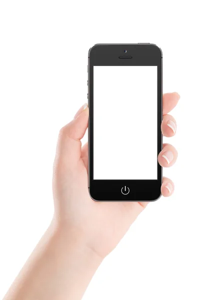 女性の手で空白の画面を持つ黒のモバイル スマート フォン — ストック写真