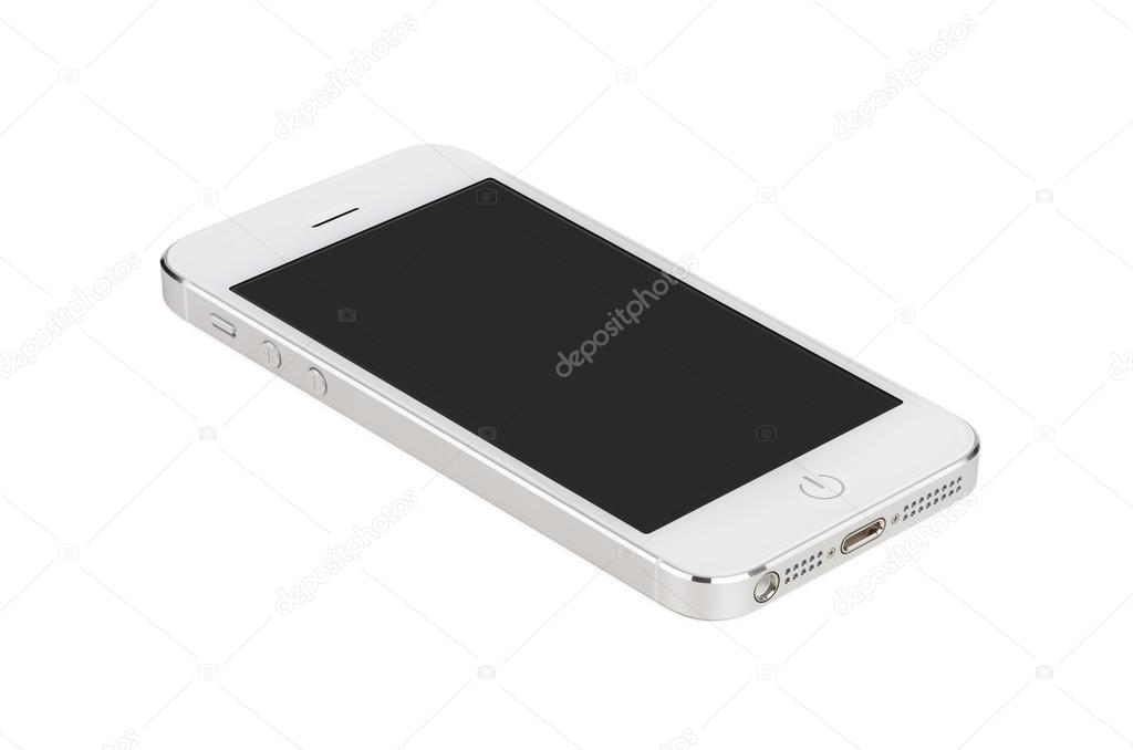 White modern smartphone with blank screen lies on the surface