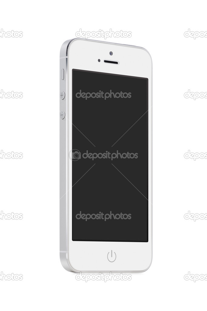 Bottom up view of white mobile smart phone with blank screen