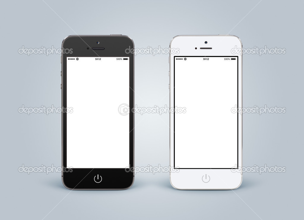 Directly front view of black and white smartphones with blank sc