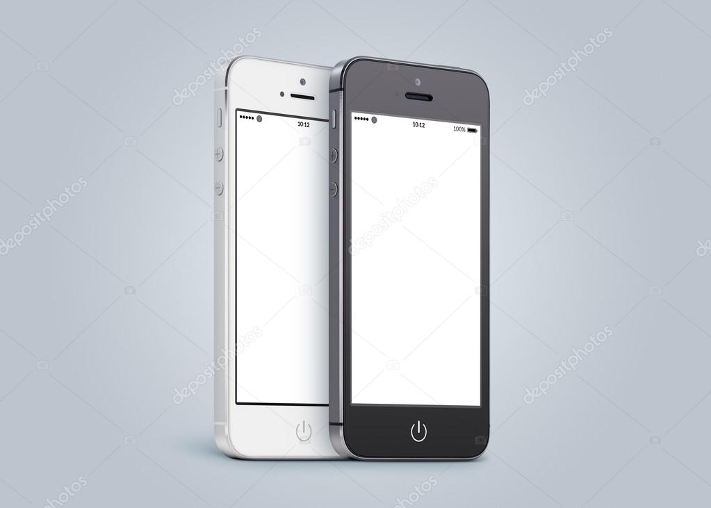 Black and white smartphones are close to each other in half turn