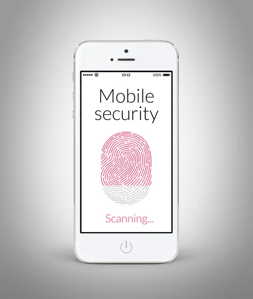 Vista frontal do telefone inteligente branco com impressão digital de segurança móvel — Fotografia de Stock