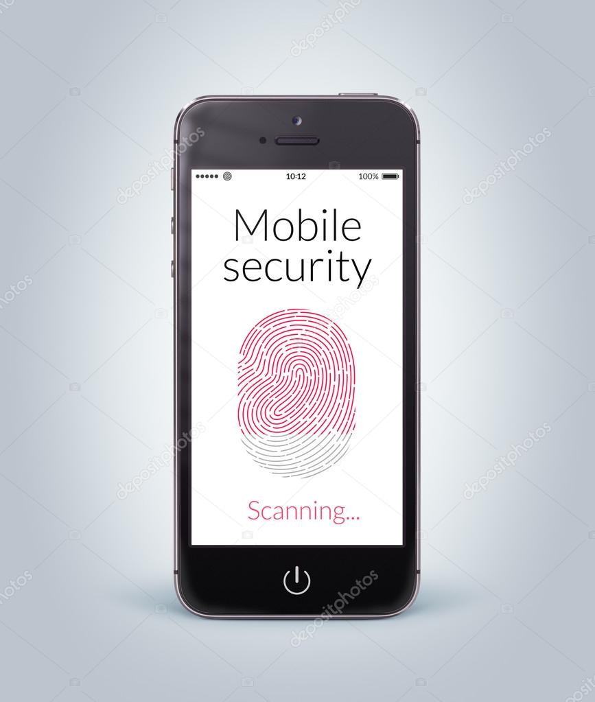 Front view of black smart phone with mobile security fingerprint