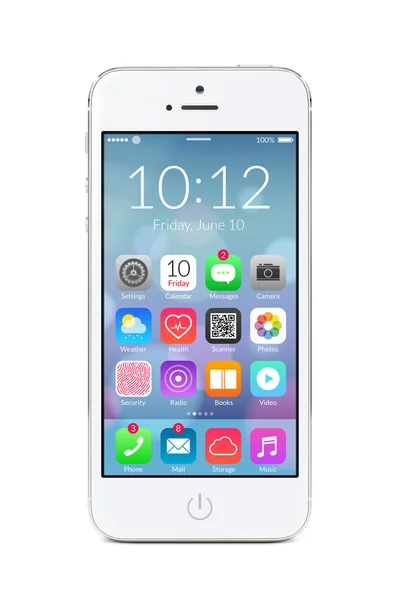 Smartphone blanco y moderno con iconos de aplicación en la pantalla —  Fotos de Stock
