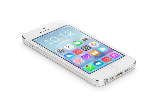 Λευκό κινητό smartphone με εικονίδια εφαρμογής βρίσκεται στο το surfa — Φωτογραφία Αρχείου