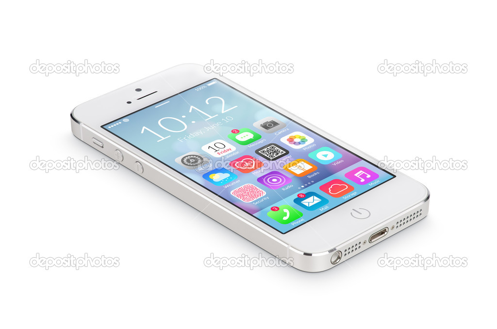 White mobile smartphone with application icons lies on the surfa