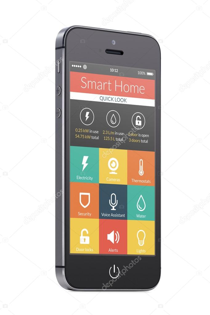 Black modern mobile smart phone with smart home application on t