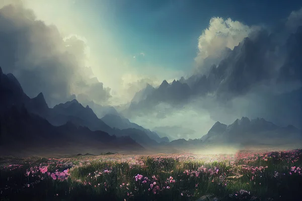 Fantastik Manzara Dağlar Nehir Tarladaki Çiçekler Bulutlar — Stok fotoğraf