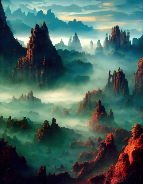 Terra Fantasia Montanhas Épicas Paisagem — Fotografia de Stock
