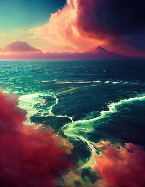 Traumhafte Meereslandschaft Mit Einer Insel Der Ferne Und Purpurroten Wolken — Stockfoto