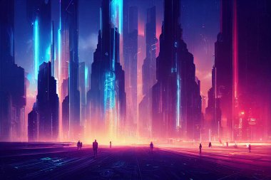 Siber punk şehri, gelecek şehir, neon tabelalar, gece şehri.
