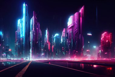 Siber punk şehri, gelecek şehir, neon tabelalar, gece şehri.