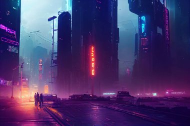 Siber punk şehri, gelecek şehir, neon tabelalar, gece şehri.