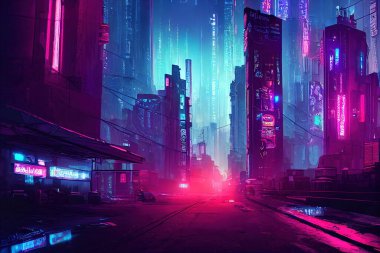 Siber punk şehri, gelecek şehir, neon tabelalar, gece şehri.