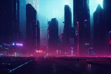 Siber punk şehri, gelecek şehir, neon tabelalar, gece şehri.