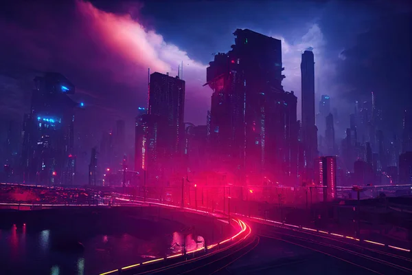 Cyberpunk Πόλη Μελλοντική Πόλη Πινακίδες Νέον Νυχτερινή Πόλη — Φωτογραφία Αρχείου