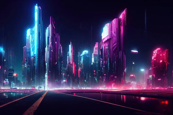 Siber Punk Şehri Gelecek Şehir Neon Tabelalar Gece Şehri — Stok fotoğraf