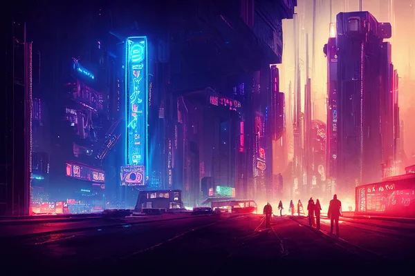 Cyberpunk Cidade Futura Cidade Sinais Néon Cidade Noturna — Fotografia de Stock
