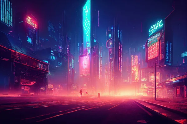 Siber Punk Şehri Gelecek Şehir Neon Tabelalar Gece Şehri — Stok fotoğraf