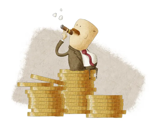 Bohatý šéf sedí na hromadu mincí — Stock fotografie