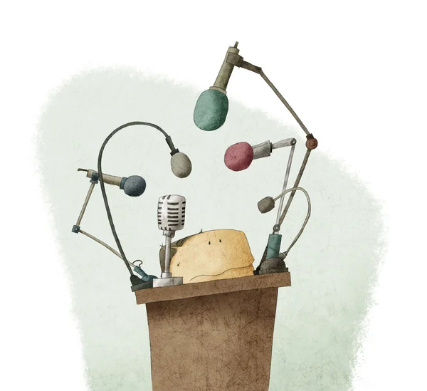 verlegen man op het podium geven toespraak