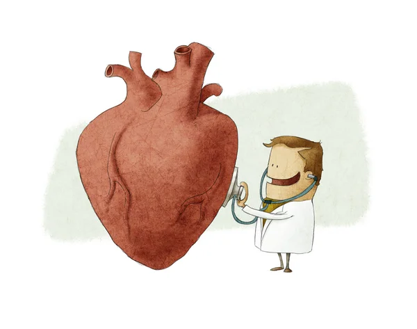 Divertente illustrazione di un medico che esamina un grande cuore — Foto Stock