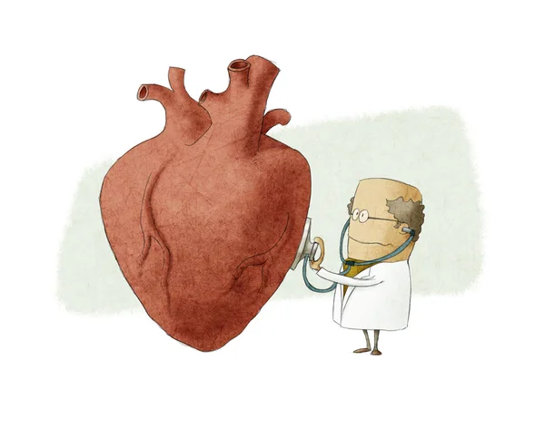 Zábavné ilustraci lékař zkoumá velké srdce — Stock fotografie