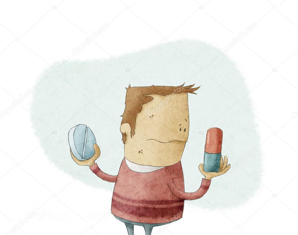 Cartoon Man choosing a pill