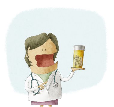 Doctor holding a bottle of pills clipart