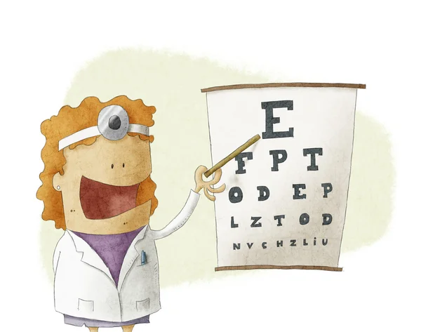 Ženské oční lékař směřující na zkušebním diagramu zrak — Stock fotografie