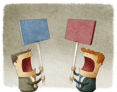 iki işadamı farklı görüşleri ile protesto bir tabela holding