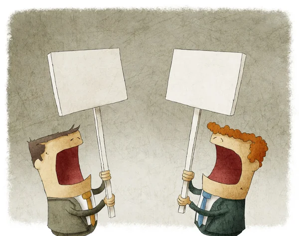 Dois empresários segurando um sinal protestando com opiniões diferentes — Fotografia de Stock