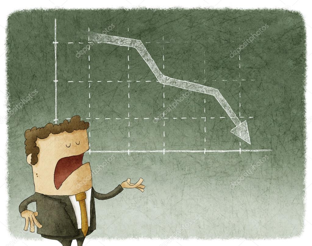 Businessman standing in front of a declining stock chart