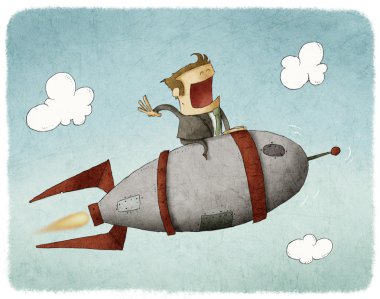Businessman sitting on a rocket and flying through the air clipart