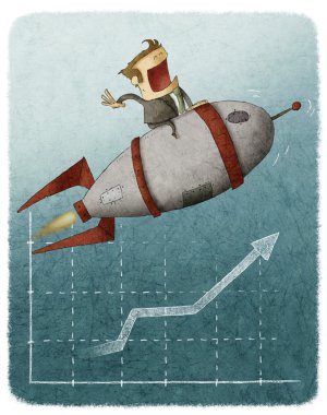 zakenman zittend op een raket en vliegen over een grafiek Financiën
