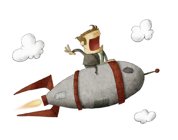 bir roket üzerinde oturan ve havada uçan bir işadamı