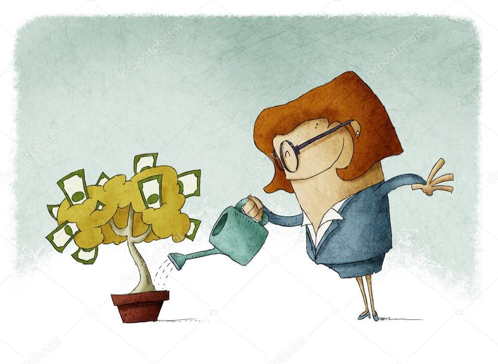 Woman  watering a money tree