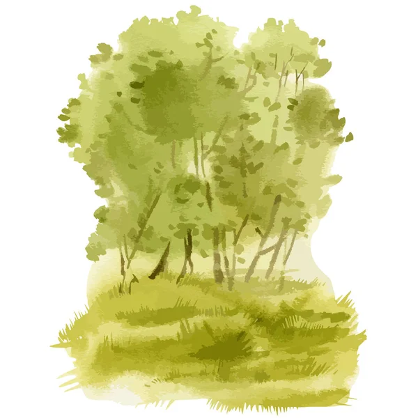 Vetor aquarela de fundo verde floresta, silhueta de árvores e grama — Vetor de Stock