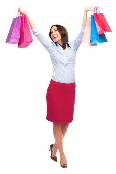 Mulher feliz com sacos de compras — Fotografia de Stock