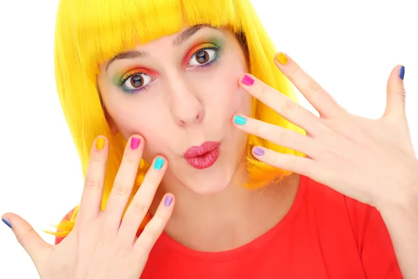 Mulher com unhas brilhantemente coloridas — Fotografia de Stock