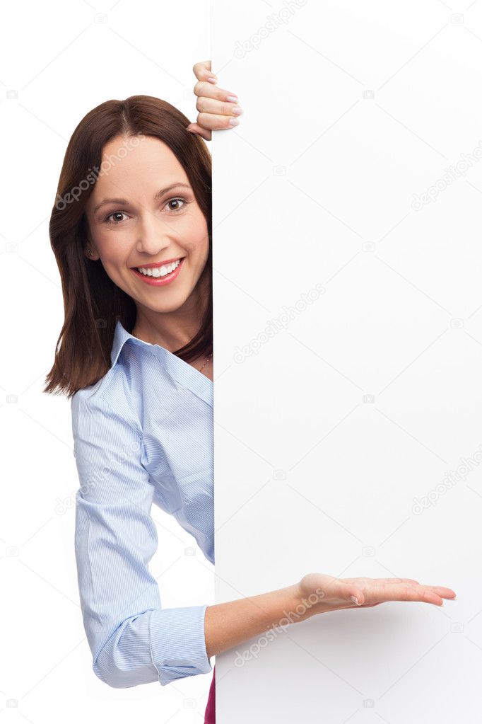 Businesswoman with blank sign