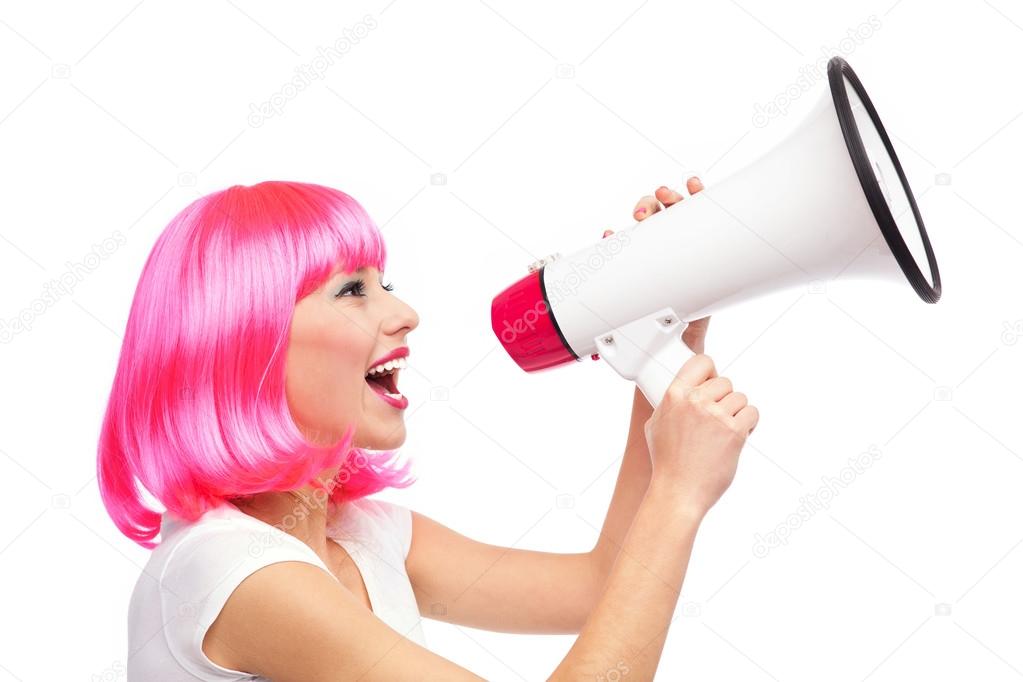 Woman shouting through megaphone