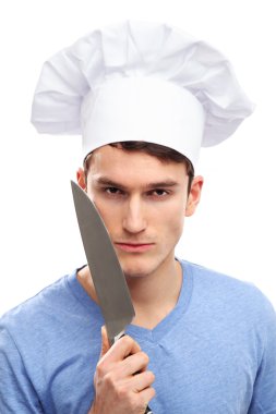 adam ile chef şapka ve bıçaklar