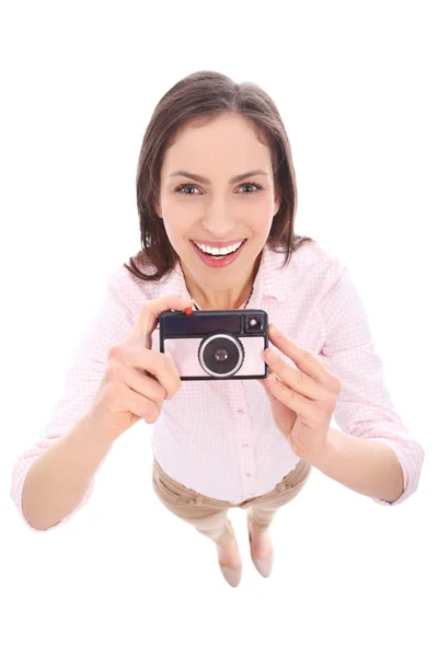 ビンテージ カメラを持つ女性 ストック画像