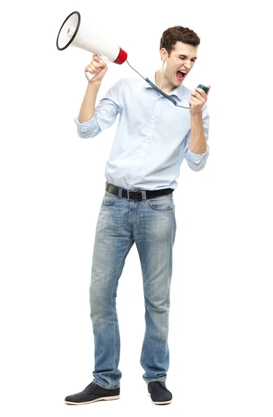 Mladý muž s megafonem — Stock fotografie