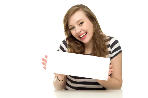 Mujer sosteniendo signo en blanco —  Fotos de Stock