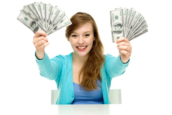 Young woman holding dollar bills — Stock Photo, Image