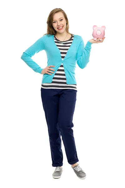 Woman holding piggy bank — Stock Photo, Image